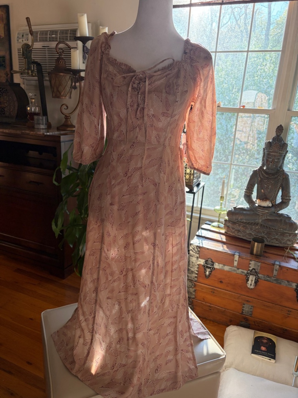 Sincerely Jules Blush Pink Printed Midi Dress with Puff Sleeves